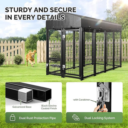 Sino Luban 2PCS Outdoor Dog Kennel Outside Run with Doggy Door, Swivel Feeder&Roof - 8x4x6FT Large Dog Kennels Pens Outside for Large Dogs Breed - Heavy Duty Cage (Can Connect to Your Dog House)