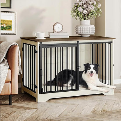 Hzuaneri 39.4" Heavy Duty Dog Crate Furniture with Barn Door, Wood Indoor Dog Crate Kennel for Small/Medium/Large Dogs, End Side Table, TV Stand, Anti-Chew Anti-Escape, White Brown DFC02314B