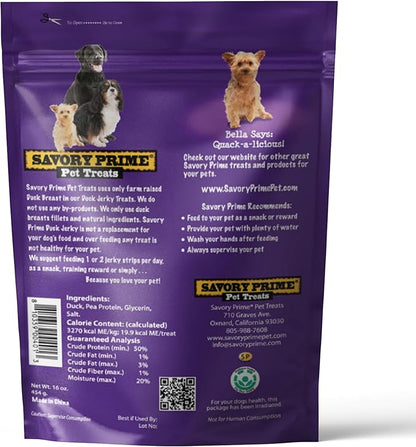 Savory Prime Duck Jerky Dog Treats, Made with 100% Real Duck Breast, Farm Raised, Healthy, Easily Digestible, High Protein, Satisfies Dog's Urge to Chew, 1 Pound (Pack of 1)