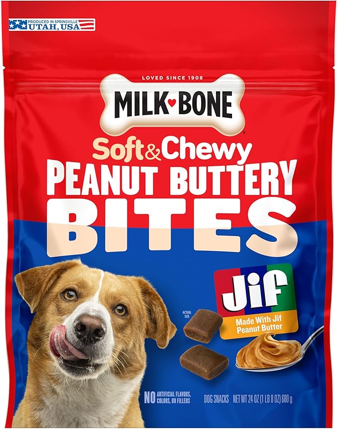 Milk-Bone Peanut Buttery Bites, Soft Dog Treats with Jif Peanut Butter, 24 Oz. Bag