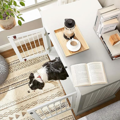 PUKAMI 44inch Large Dog Crate Furniture with Drawers, Wooden Dog Kennel Furniture for Indoor use, White End Table Dog House, for Small/Medium/Large Dog