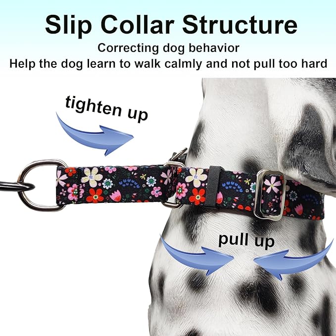 Martingale Dog Collar with Buckle Adjustable Nylon Limited Slip Training Floral Dog Collars (Black Pink Red, Large)