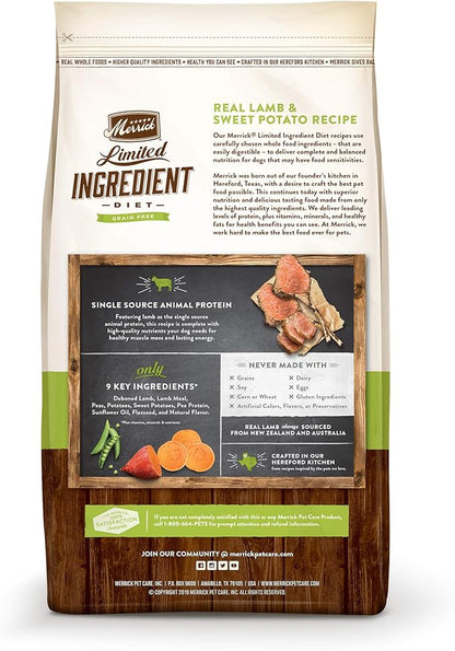 Merrick Limited Ingredient Diet Grain Free Dry Dog Food, Premium and Healthy Kibble with Lamb and Sweet Potato - 4.0 lb. Bag