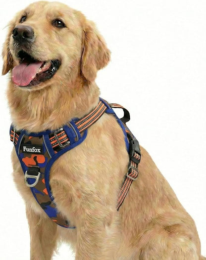 Funfox Dog Harness No Pull, Adjustable Pet Vest Harness, Super Soft Material with Vertical Handle Easy Control, Reflective Night Walking, 2 Leash Clips for Large Dogs, Camo Orange, L