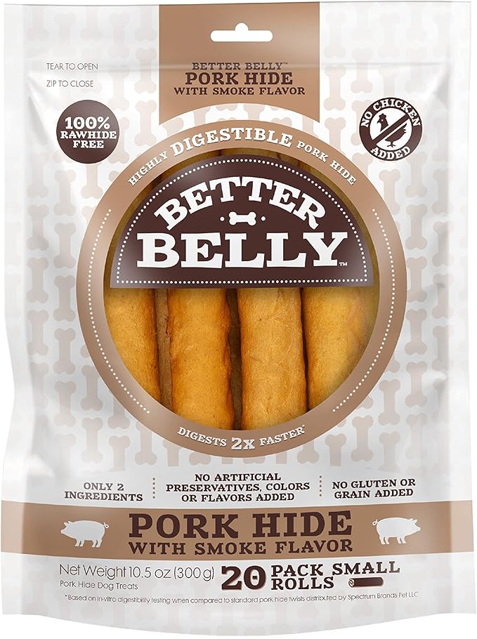 Better Belly Pork Hide Rolls with Smoke Flavor Small, 20 Count, Digestible Pork Hide for Dogs