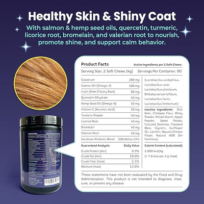 Mo & Haku Dog Allergy Relief Chews - 180 Soft Chews Immune Itch Support for Dogs Itchy Skin, Ears, Paw Licking, Seasonal Allergies - with Prebiotics & Probiotics, Colostrum & Salmon Oil