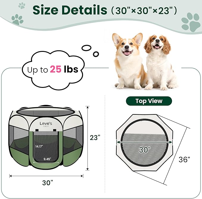 Love's cabin Pet Puppy Dog Playpen, Medium Dog Tent Crates Cage Indoor/Outdoor, Portable Playpen for Cat, Foldable Pop Up Dog Kennel Playpen with Carring Case, Removable Zipper Top, Olive Green