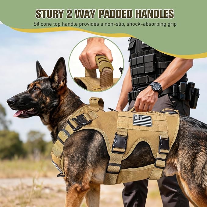 Tactical Dog Harness for Large Dog, Dog Collar and Bungee Leash Set No-Pull Military Dog Harness - Walking Training Gear for Large Dogs, Adjustable for Medium,Chest 21.5"-45", Khaki