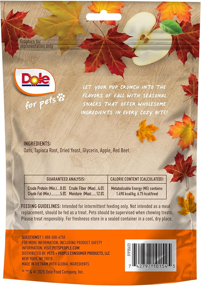 Dole for Pets Dog Biscuits Autumn Apple Fall Flavor, Real Fruit Flavor Vegan Crunchy Treats, No Wheat Corn Soy or Artificial Additives, Bite Size Training Snacks for Dogs, 7 Oz