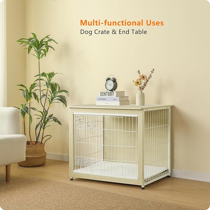 DWANTON Dog Crate Furniture with Cushion, Wooden Kennel Table with Double Doors, Indoor Dog House, Medium Size, 32.5" L, White Oak