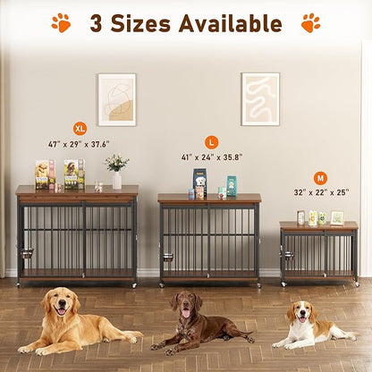 Cofiyard Dog Crate Furniture, 42’’ Wooden Dog Kennel Indoor with Sliding Front Door, Multi-Side Openings & Feeding Window Pet Cage House as TV Stand