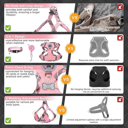 BEAUTYZOO Step in Dog Harness Collar and Leash Set for Small Medium Large Dogs, No Pull No Choke Puppy Harness,Soft Mesh Reflective Pet Padded Vest Adjustable for Doggie Girl or Boy,Chihuahua,Pink XS