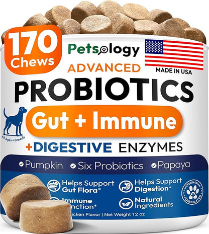 Probiotics for Dogs - 170 Dog Probiotics Chews - Digestive Enzymes & Prebiotics - Support Gut Health, Diarrhea, Gas & Constipation Relief - Itchy Skin, Allergies, Yeast Balance - Advanced Supplement