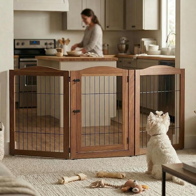 unipaws 31.5 Inch Height Pet Gate with Wood and Wire, 66 Inch Wide Freestanding Walk Through Dog Gate, Foldable Stairs Barrier for Dogs Cats