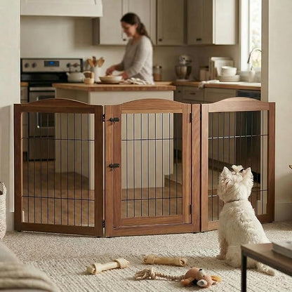 unipaws 31.5 Inch Height Pet Gate with Wood and Wire, 66 Inch Wide Freestanding Walk Through Dog Gate, Foldable Stairs Barrier for Dogs Cats