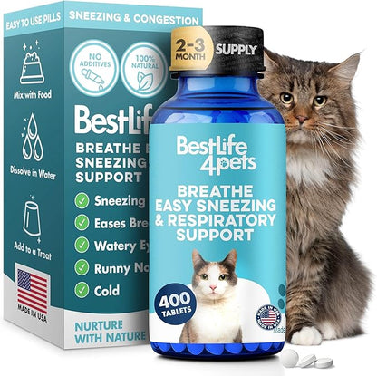 Cat Respiratory Comfort Supplement - Natural Breathe Easy Feline Support for All Seasons, Coughing, Occasional Nasal Stuffiness and Sneezing - 400 Odorless, Easy-to-Administer Tasteless Pills