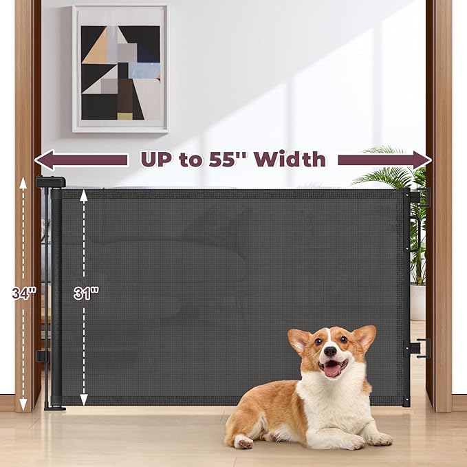 Retractable Baby Gate for Stairs, 55" Wide Mesh Dog Gate Indoor, 34" Tall Child Gate for Doorways, Hallways, Deck, Indoor Outdoor Pet Baby Safety Essentials for Home, Black