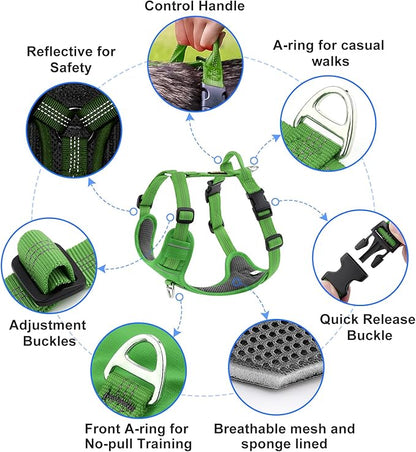 Plutus Pet No Pull Dog Harness, Reflective Adjustable Dog Vest Harness with Handle, Escape Proof, Soft Padded for Small Medium Large Dogs (Green, XL)