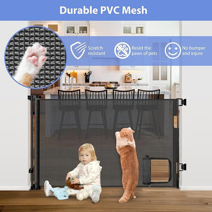 Retractable Baby Gates with Cat Door 80" Wide Retractable Dog Gate with Pet Door Outdoor Retractable Gate for Dogs Retractable Pet Gate with Door Mesh Baby Gate Retractable Mesh Dog Gate (Black)