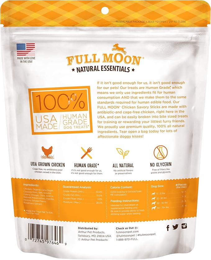 Full Moon Dog Treats, Chicken Sticks | Human Grade | All Natural | 16 Ounce | Pack of 2