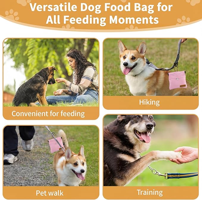 Dog Treat Pouch, Hand Free Dog Training Treat Bag with Carabiner & Magnetic Buckle, Auto Closing Dog Walking Bag for Puppy Travel or Outdoor Use, Pet Feed Snack Reward Pocket, Pink