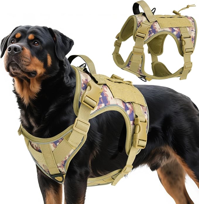 VavoPaw Heavy Duty Tactical Dog Harness for Large Dogs, No Pull Adjustable Pet Harness Reflective Service Training Easy Control Pet Vest Military K9 Working Dog Harnesses, Desert Camouflage, XL