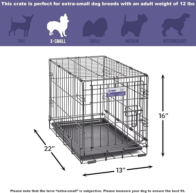 MidWest Homes for Pets 22-Inch iCrate for Extra-Small Breeds, Up to 15 lbs, Single Door Folding Dog Crate with Divider Panel, Leak-Proof Tray & Secure Latch, Portable, Durable & Easy to Assemble
