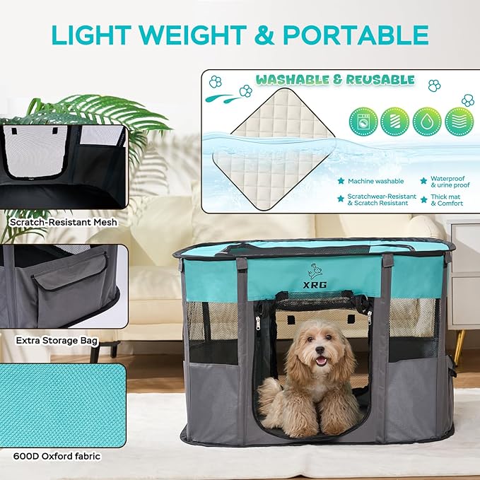 Portable Foldable Pet Playpen Collapsible Crates Kennel Playpen for Dog cat and Rabbit &Travel playpen Outdoor or Indoor (Large（35.4" L x 27.6" W x 23.6" H）, Green)