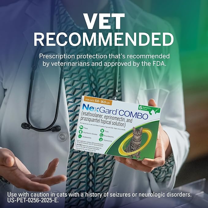 NexGard® Combo (esafoxolaner, eprinomectin, and praziquantel Topical Solution) Flea and Tick Protection Plus Heartworm Disease Preventive for Cats, 5.6-16.5 lbs. (Yellow Box) 6 Doses (6 Month Supply)