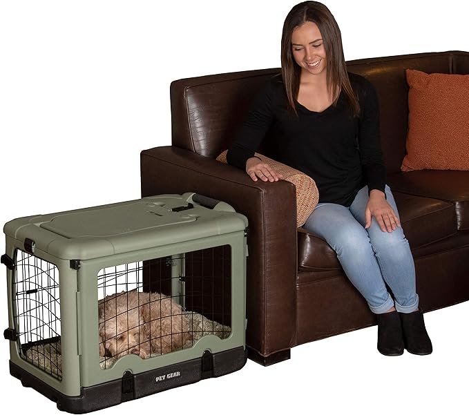 Pet Gear “The Other Door” 4 Door Steel Crate with Plush Bed + Travel Bag for Cats/Dogs, Sage, 27 Inch, (PG5927BSG)
