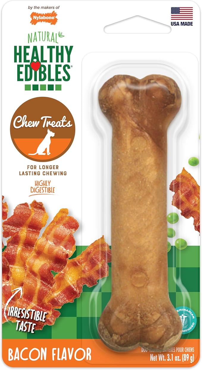 Nylabone Healthy Edibles Natural Dog Chews, Long Lasting Bones for Dogs, Bacon Flavor Dog Treats, Medium (1 Count)