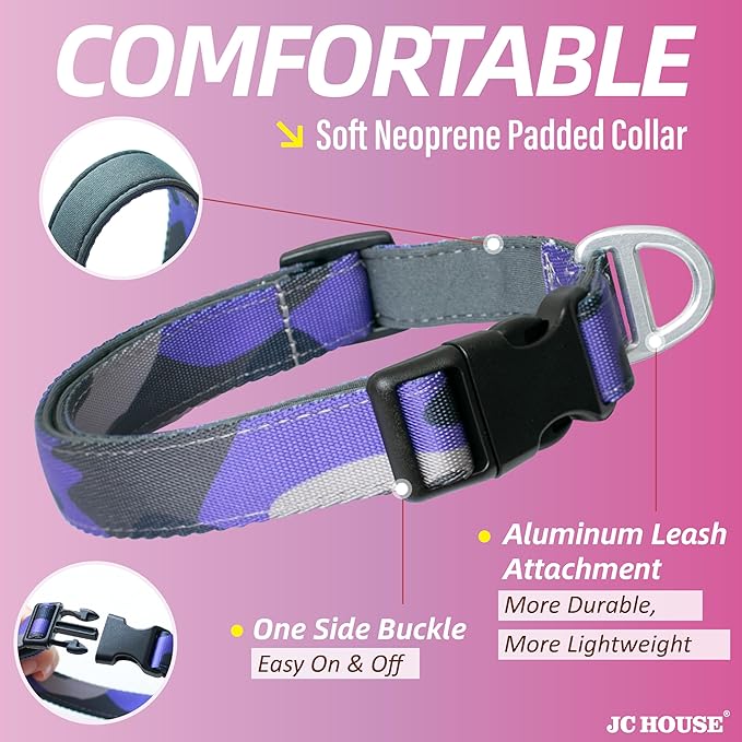 Soft Padded Dog Collar, Neck 9’’-14’’, Adjustable Heavy Duty Collar with 3M Reflective Logo for Small Dogs, Camo Purple, S