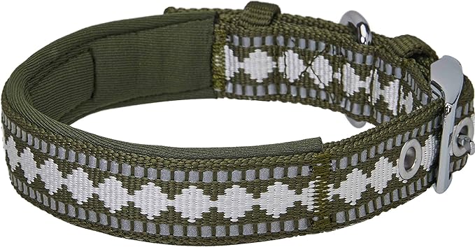 Blueberry Pet Reflective Jacquard Dog Collar with Neoprene Padding & Metal Buckle | Soft & Adjustable Safety Collar - Olive, Neck 17-20.5", for Large Breed