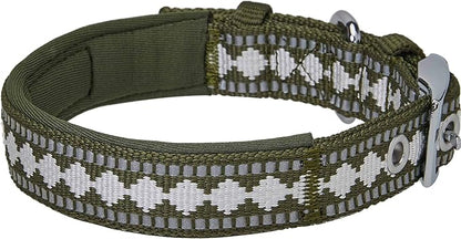 Blueberry Pet Reflective Jacquard Dog Collar with Neoprene Padding & Metal Buckle | Soft & Adjustable Safety Collar - Olive, Neck 17-20.5", for Large Breed