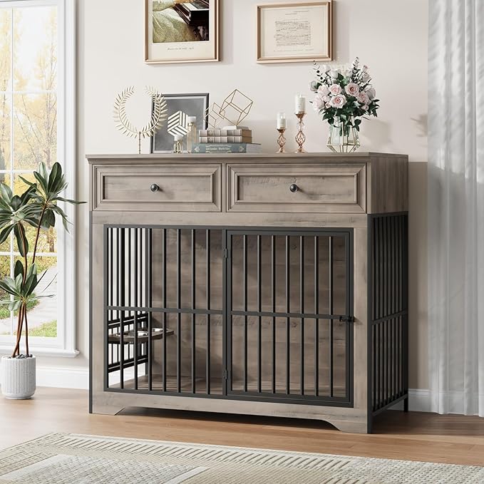 QUW 42" Modern Dog Crate Furniture, Wooden Dog Kennel for Medium to Large with 360°Rotating & 3-Levels Adjustable Height Dogs Bowl Holder, Decorative Dogs cage Pet House Indoor, Grey