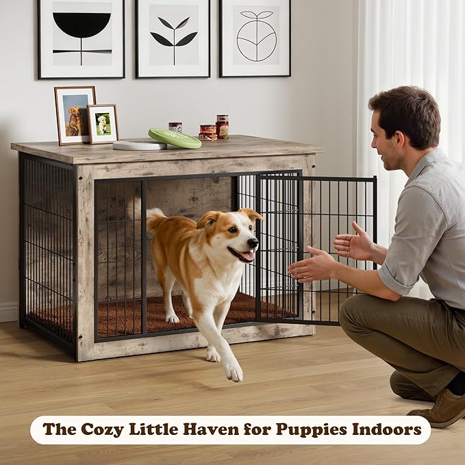 Dog Crate Furniture with Thick Cushion, Side End Table Wooden Dog Cage with Double Doors, Chew-Resistant Dog Kennel Dog House Indoor for Small to Large Dog