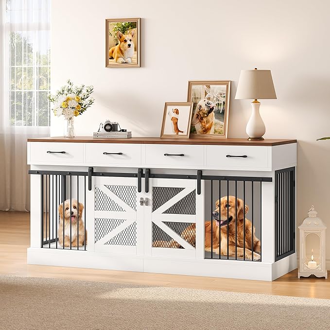 OtterOasis Extra Large Dog Crate Furniture for 2 Dogs, 71'' Dog Kennel Indoor with Removable Divider and 4 Storage Drawers, Sturdy Wooden Dog Crate TV Stand with 4 Doors for Large Medium Small Dogs
