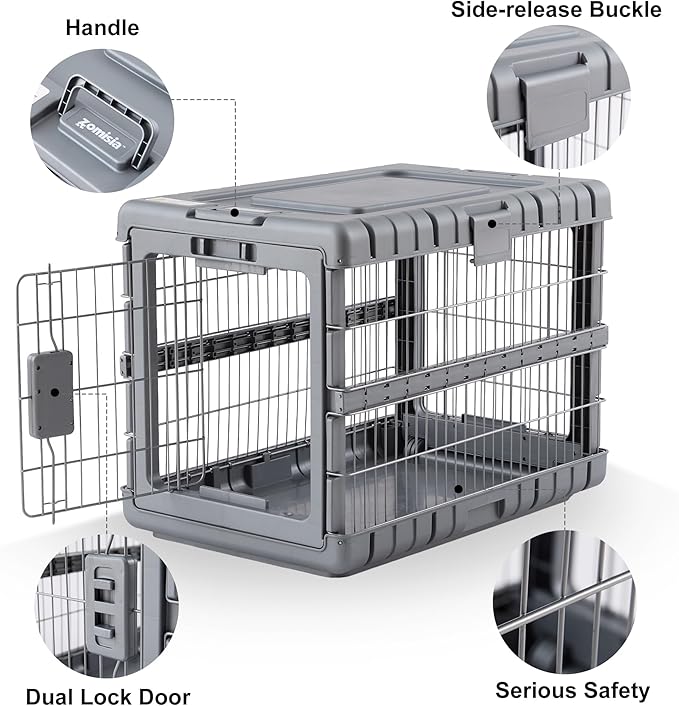 ZOMISIA Collapsible Dog Crate for Large Dogs - 36"L Heavy Duty Dog Kennel No Tools Required with 4 Sides Steel Foldable Cage for Dogs Indoor Furniture, Portable Carrier with 2 Smooth Wheels, Gunmetal