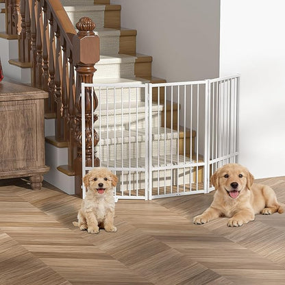 SNUOWU Full Metal Freestanding Dog Gate with Door, 36''Height Foldable Pet Dog Fence for Indoor & Outdoor, 3 Panels Extra Wide Free Standing TallDog Gates for Doorways,House,Stairs,Porch,Deck,Yard