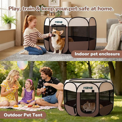 Dog Playpen, Portable Puppy Pet Crate Indoors for Small/Medium Dogs Cats Rabbits, Foldable Dog Cage Enclosure for Outdoor, Pop Up Dogs Tent Kennel with Carrying Case, Brown