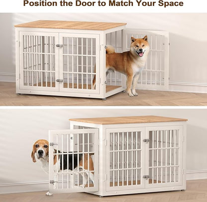 rehomerance 38 Inch Heavy Duty Dog Crate Furniture for Large and Medium Dogs, Decorative Pet House End Table, Wooden Cage Kennel Furniture Indoor, Natural and White