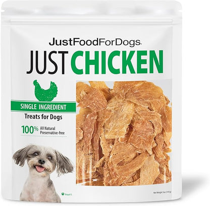 Just Food for Dogs Single Ingredient Healthy Dog Treats and Dog Snacks, Jerky Treats, Human Grade, Preservative and Grain Free, Rawhide Free Chews, Low Calorie Treat - Chicken Breast, 5 oz