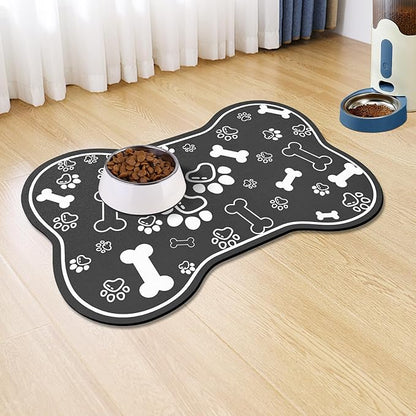 Voanos Dog Cat Food Mat,Rapid AbsorbentPet Feeding Mat, Bone Shaped Dog Placemat Water Bowl Mat with Rubber Backing,No Stains Dog Cat Food Mats Indoor, Pet Accessories Supplies 12""x18"" Black