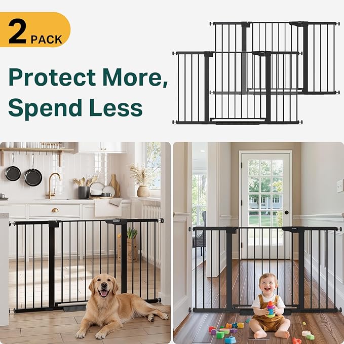 Cumbor 2 Pack 30-54" Baby Gate for Stairs, Dual Lock & Self-Closing Dog Gate for Doorways, Easy Install Pressure Mounted Pet Gates Indoor, Easy Walk Thru Wide Safety Proofing for Babies & Pets, Black