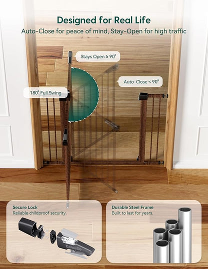 Babelio Metal Auto Close Baby Gate PressGuard P7,Extra Wide Pet Gate for The House and Doorways, Pressure Mounted Walk Thru Child Gate with Door (Black Wood Pattern, 30" Tall 29"-55" Wide)