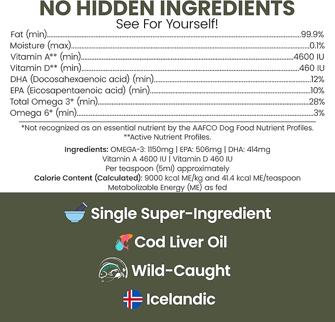 Pure Cod Liver Oil for Dogs - 8 oz - Contains Omega 3, Omega 6, Vitamin A, and Vitamin D to Reduce Itching and Promote Skin and Coat, Heart, Joint, and Immune Health