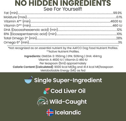 Pure Cod Liver Oil for Dogs - 8 oz - Contains Omega 3, Omega 6, Vitamin A, and Vitamin D to Reduce Itching and Promote Skin and Coat, Heart, Joint, and Immune Health