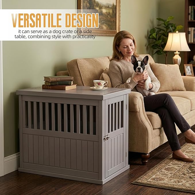 30 INCH Small Dog Crate Furniture, Lockable Indoor Dog Kennel Heavy Duty Decorative Plastic Pet Cage End Table for Small/Medium Dogs, Gray