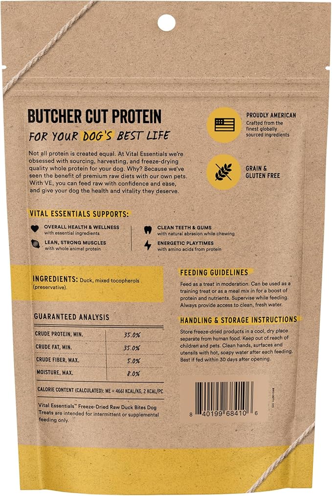 Vital Essentials Freeze Dried Dog Treats | Duck Bites, Single Protein | Premium Quality | Grain Free Training Treats for Dogs, 5.5 oz Bag