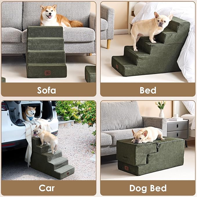 EHEYCIGA Dog Stairs for High Bed 22.5" H, 5-Step Dog Steps for Bed, Pet Steps for Small Dogs and Cats, Non-Slip Balanced Pet Ramp Indoor, Military Green